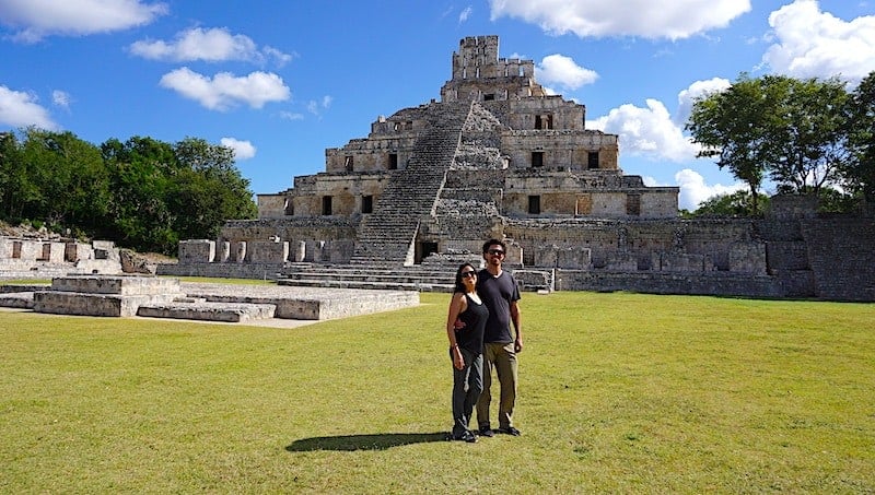 Michael and Kristina from Off Path Travels in front of the main temple at the Edzna ruins