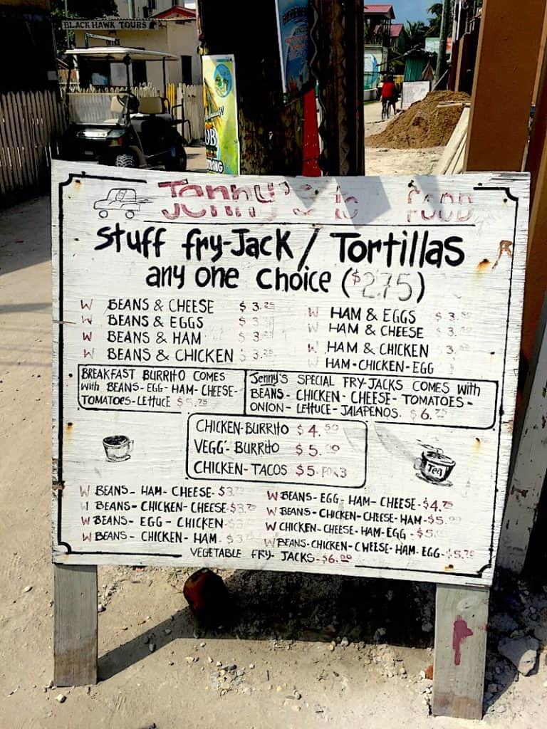 Jenny's Fry Jacks menu in Caye Caulker