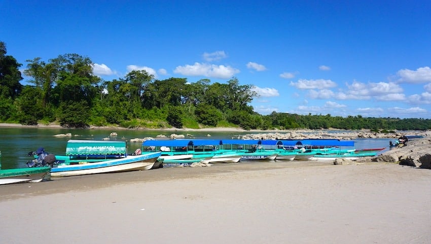 Boats to Yaxchilan Ruins at Frontera Corozal