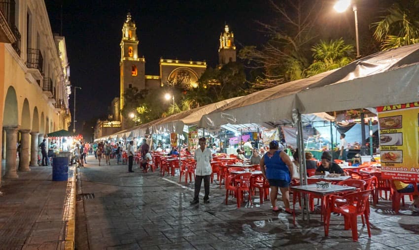 A line of food vendors in Merida, Mexico