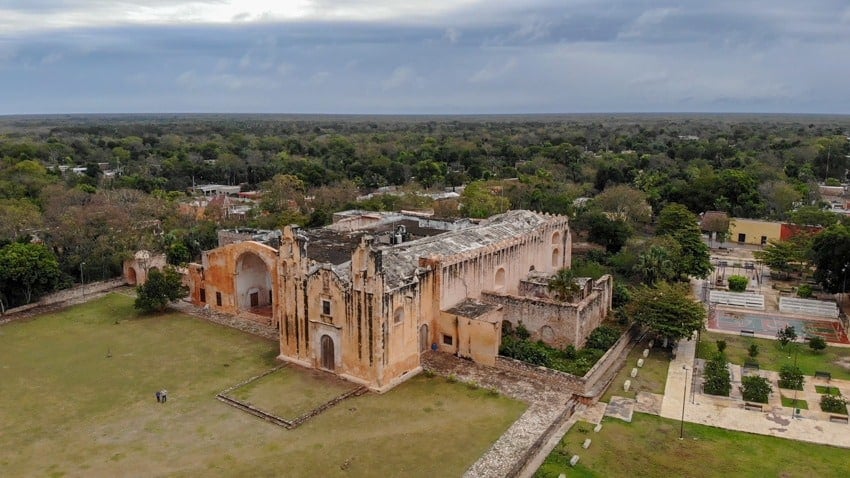 An overhead shot of the church in Mani where Maya history was destroyed