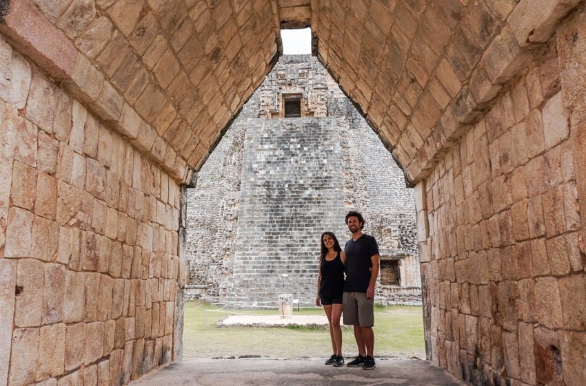 Michael and Kristina under the archway behind the Temple of the Magician at Uxmal