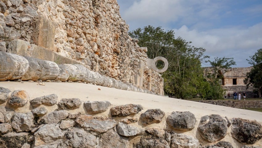The hoop on one side of the ball court at Uxmal ruins in Mexico