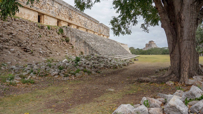 A wide shot of the Governors House at Uxmal ruins