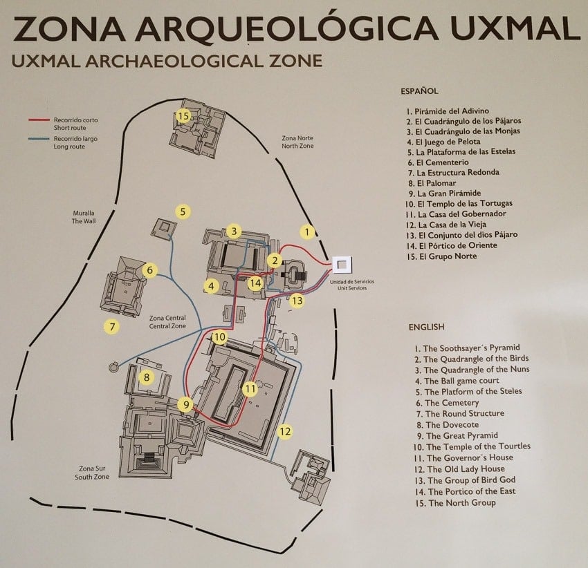 A map of the Uxmal archeological ruins near Merida, Yucatan in Mexico