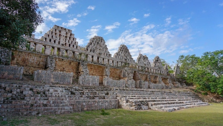 A wide temple near the far end of the Uxmal ruin site in Yucatan