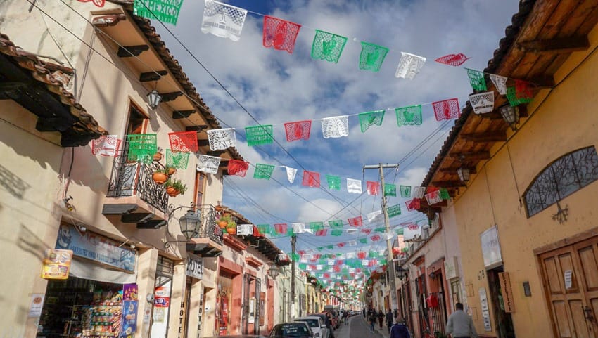 Mexican papel picado lines the streets in San Cristobal de las Casas, Chiapas