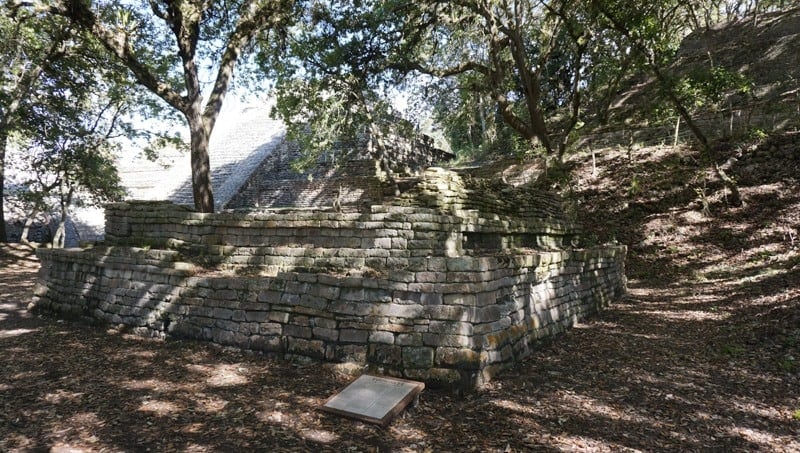 The base of building 7, one of the largest temples at Tenam Bridge ruins in Chiapas, Mexico