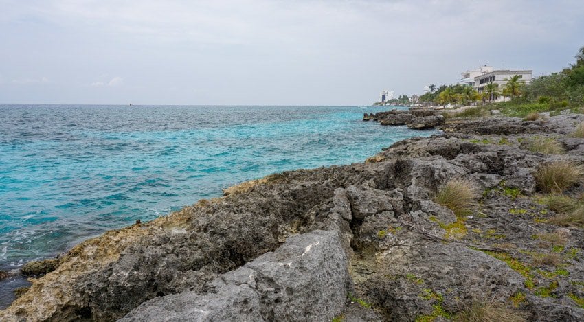 The rocky iron-shore at Playa Casitas, one of the best beaches in Cozumel near town