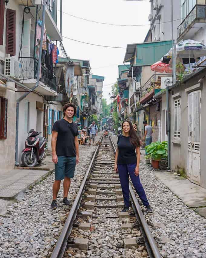 Kristina and Michael on the train tracks in Hanoi, Vietnam
