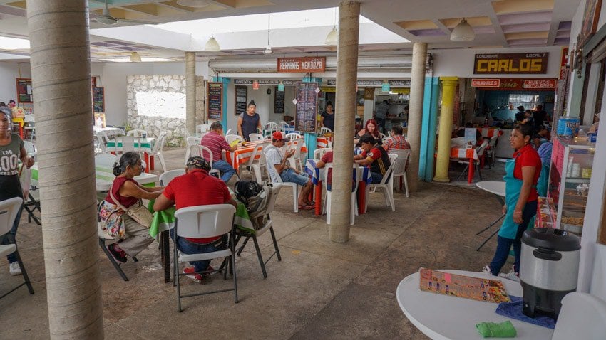 A view of the small restaurants at the market in Cozumel