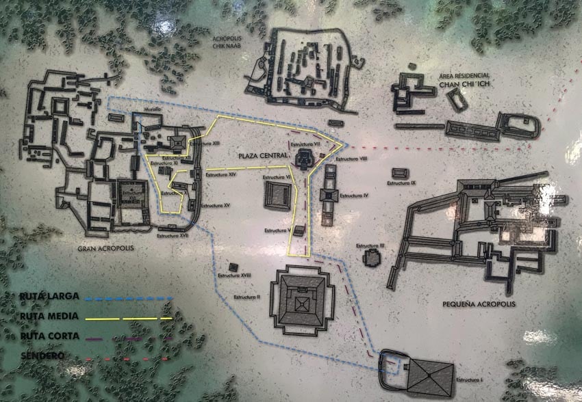 A map of the entire Calakmul ruin site in Campeche Mexico