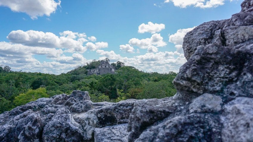 A view of the Gran Plaza from Structure 4, looking at Structure 2