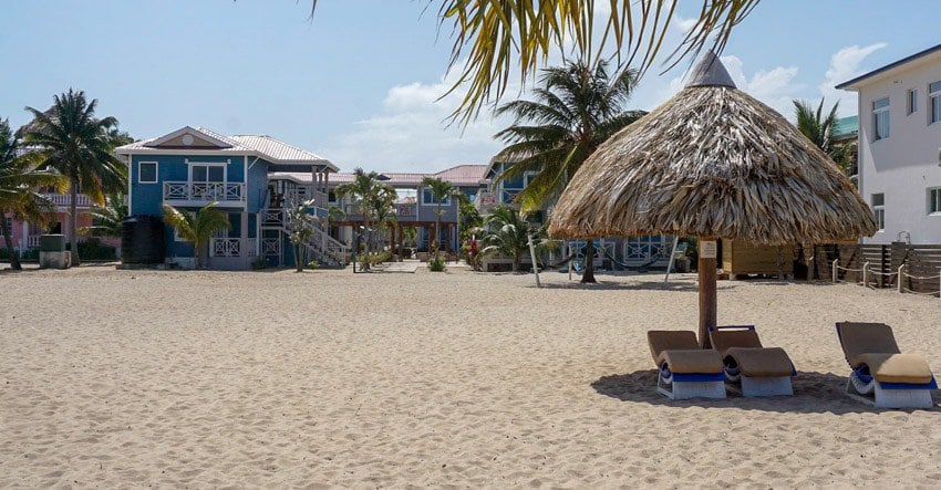 A view of the hotel Brisa Oceana Resort in Placencia near the sidewalk