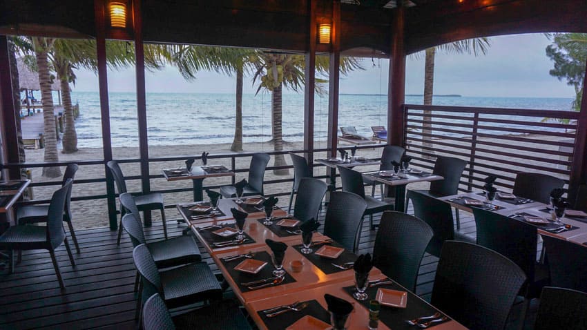 Some of the tables at the Maya Beach Hotel Bistro in the northern part of the Placencia Peninsula