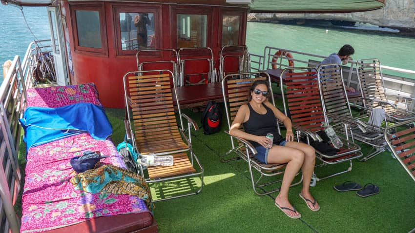 Kristina enjoying the shaded area of the upper deck on our tour of Lan Ha Bay and Ha Long Bay, Vietnam