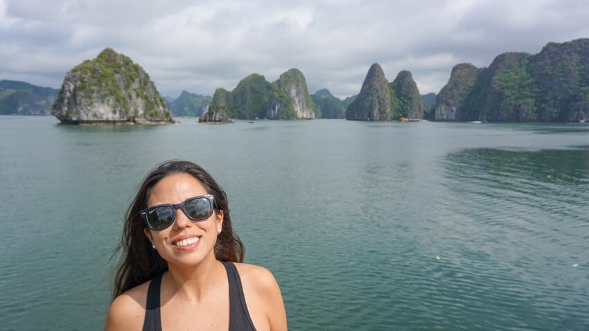 Kristina enjoying the views on our boat tour from Cat Ba Island