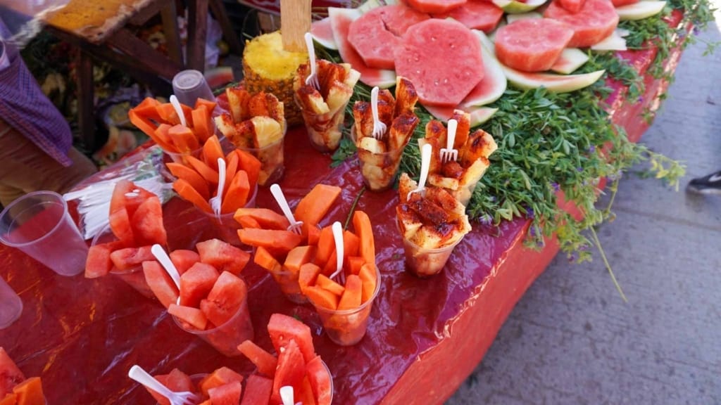 Fruit stand and vegan food option in Mexico