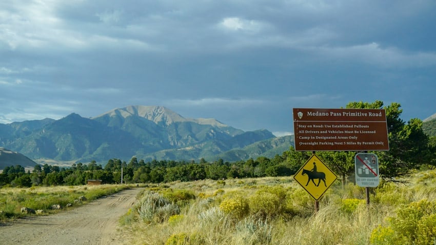 The entrance to the Primitive Road inside of the Great Sand Dunes National Park
