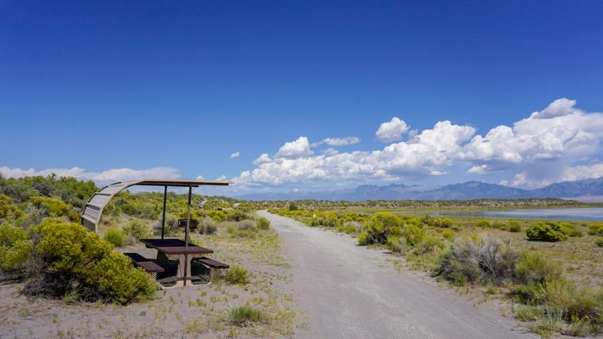 A picnic bench with a shade at the San Luis Lakes State Wildlife Area