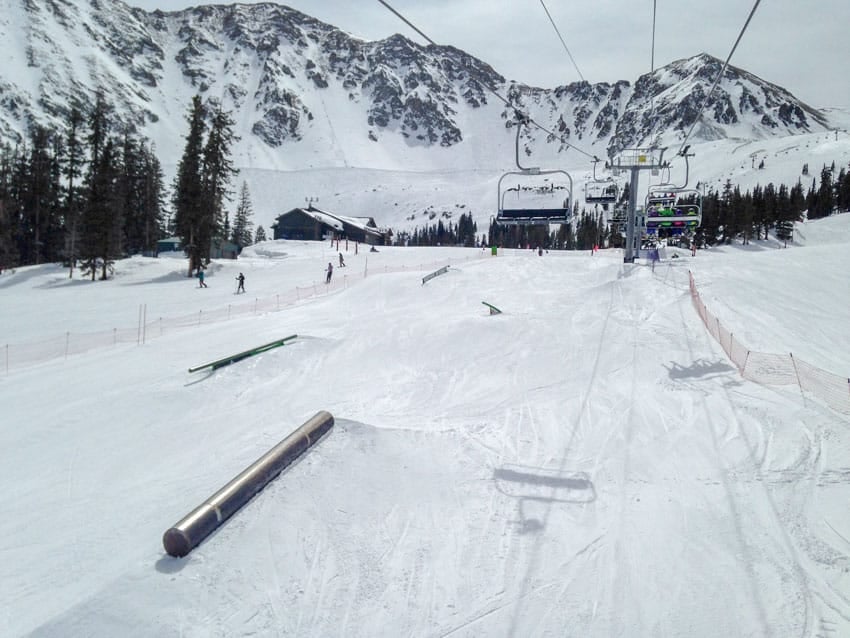 A view of the terrain park at Arapahoe Basin taken from the ski lift