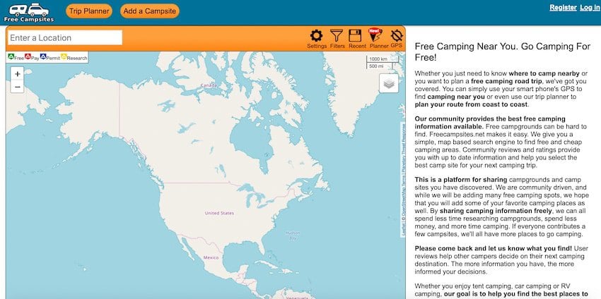 FreeCampsites Camping App Screenshot
