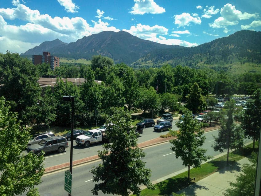 A view from Canyon Blvd in Boulder looking at the Flatirons