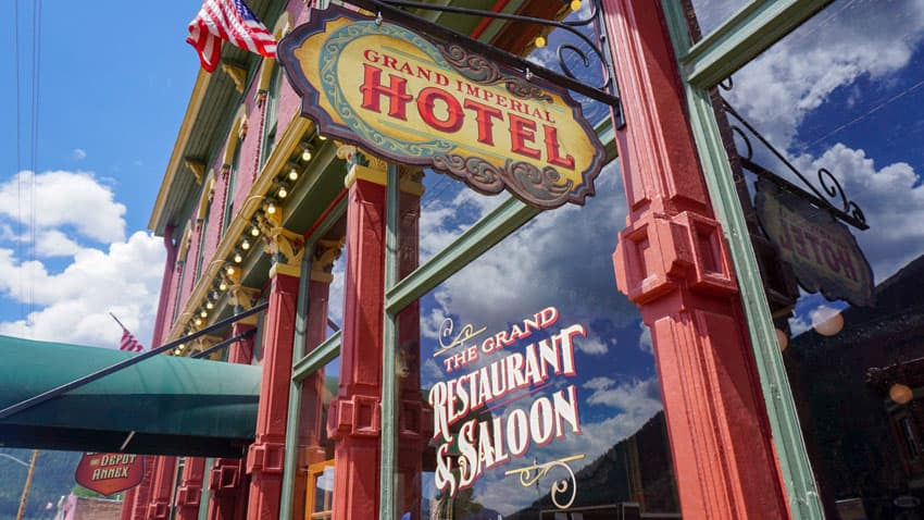 The Grand Imperial Hotel entrance sign in Silverton, Colorado