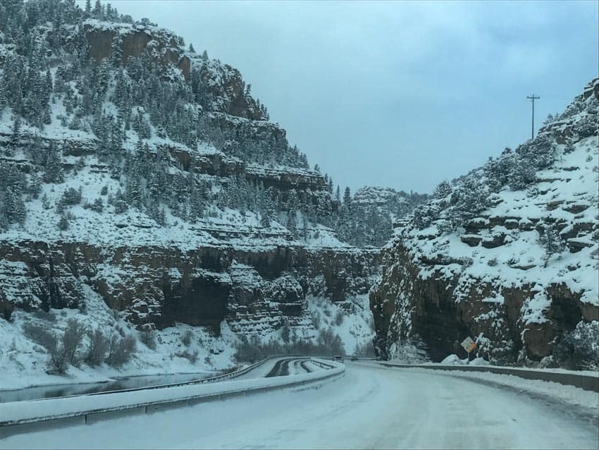 The snow-packed roads on our drive back west to California