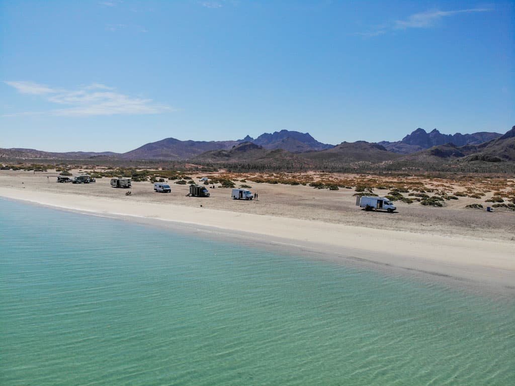 Camping on a white sand beach near La Paz, Mexico