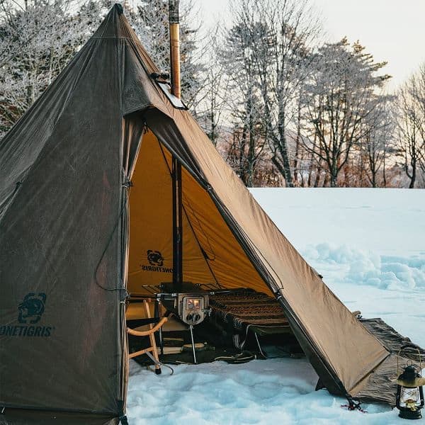 The One Tigris tent with vent pipe connected