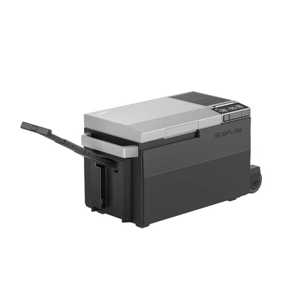 The EcoFlow GLACIER portable fridge for camping with a handle and wheels