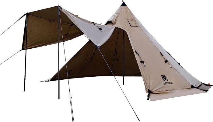The OneTigris Canvas Tent with the front door up as the canopy