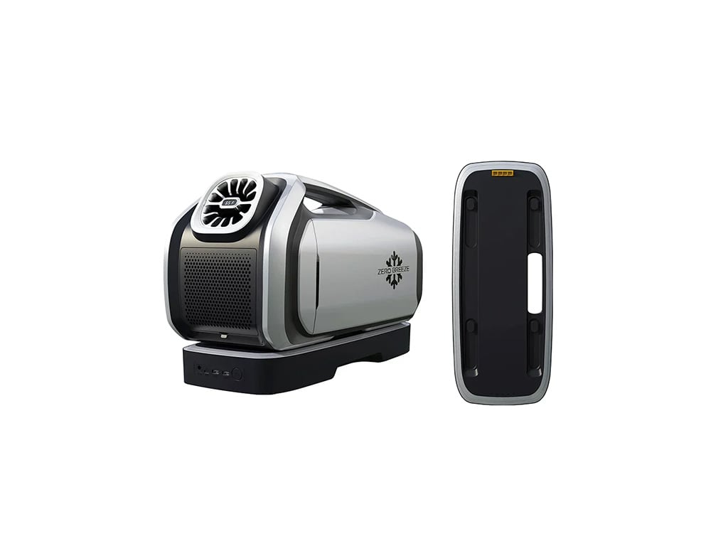 The Zero Breeze Mark 2 Battery Powered Air Conditioner with an extra battery pack