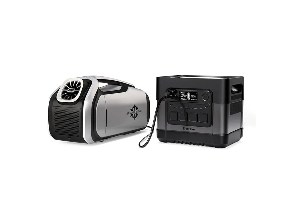 The Zero Breeze Mark 2 Portable Air Conditioner using the ElecHive power station as a battery